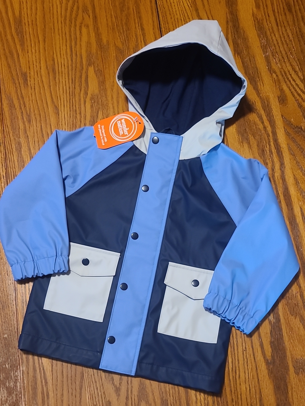 Kids NWT Waterproof Hooded Rain Jacket in Navy and Light Blue